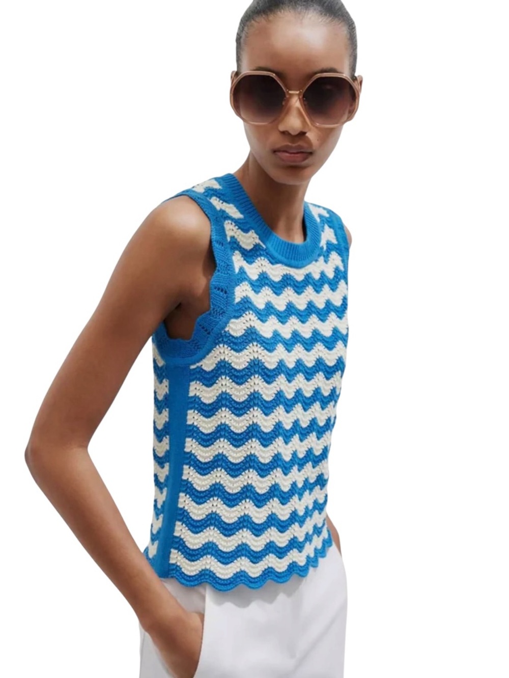 ME+EM Blue Scallop Striped Crochet Knit Sweater Vest Small Retro Coastal Preppy